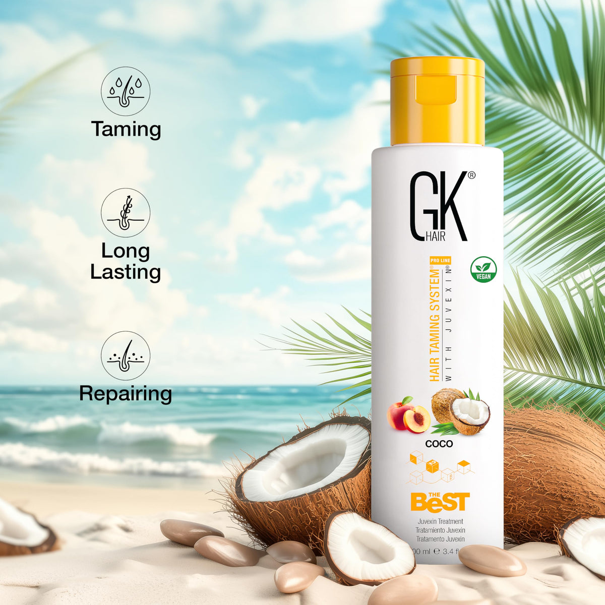 GK HAIR styled hair lifestyle shot conveying glossy, frizz-free hair