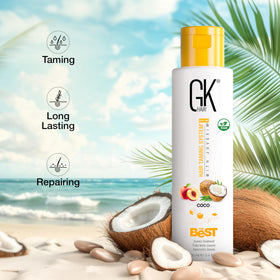 GK HAIR styled hair lifestyle shot conveying glossy, frizz-free hair