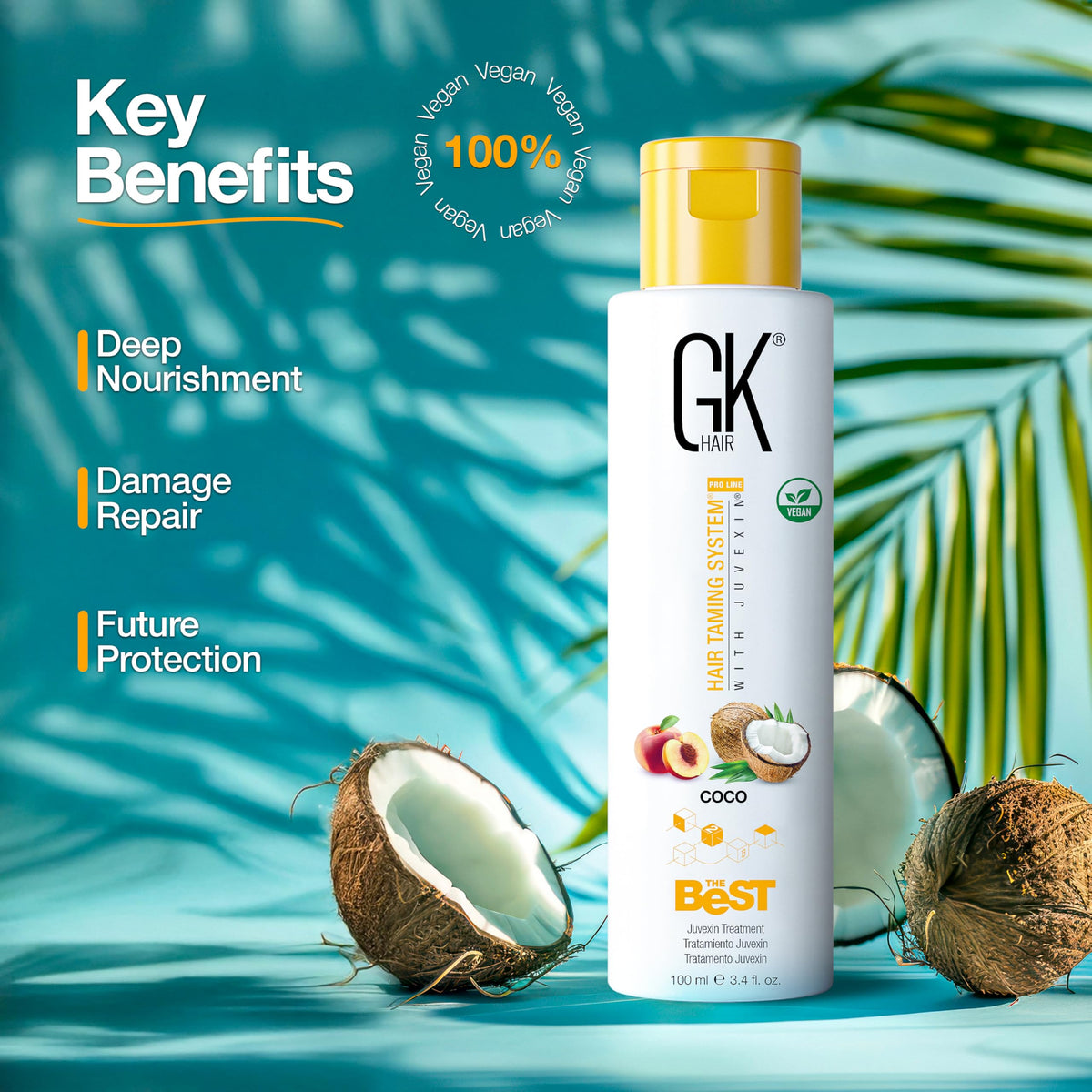 GK HAIR 3.4 oz bottle next to common objects showing true size