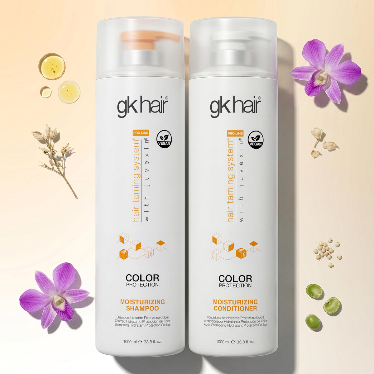 GK HAIR conditioner bottle close-up pump demonstrating easy dispensing benefit