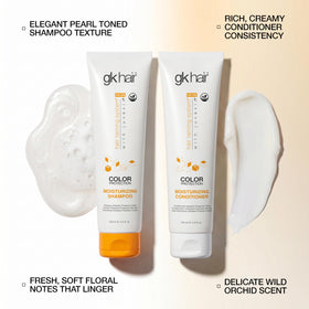 GK HAIR conditioner pouring to show lightweight texture and fast absorption benefit