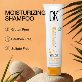 GK HAIR shampoo staged in bathroom to show daily routine benefit