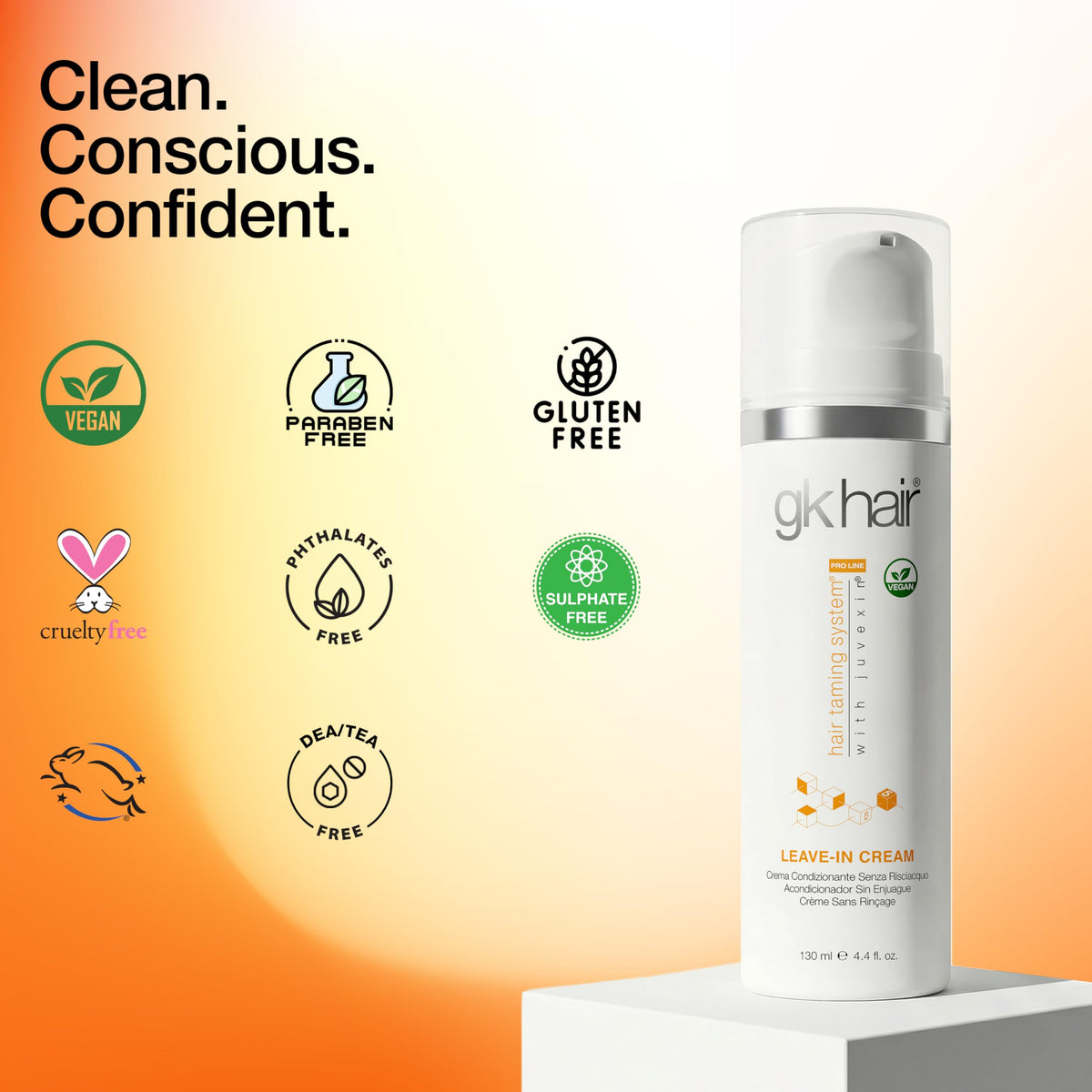 GK HAIR bottle beside ruler conveying 4.4 oz size for buying confidence