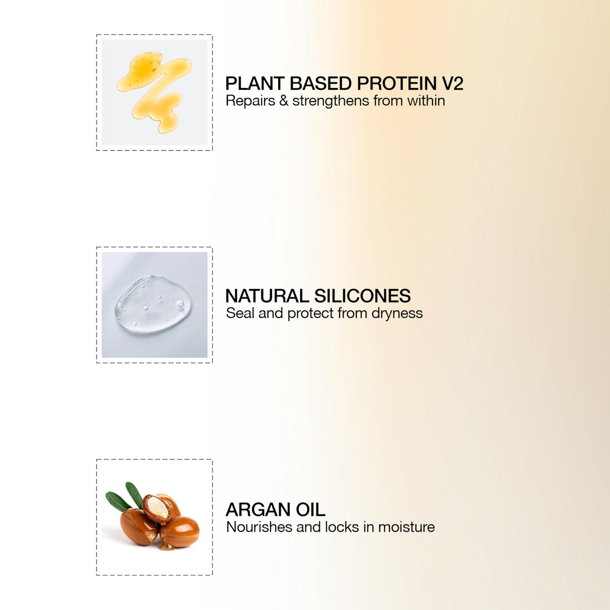 GK HAIR label and ingredients panel emphasizing plant proteins and silicones