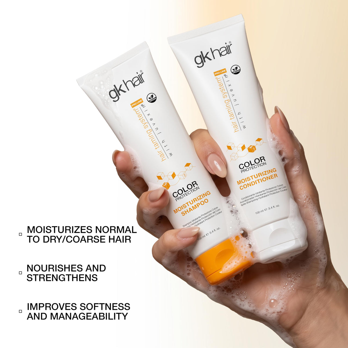 GK HAIR lifestyle scene of someone using the duo as part of haircare routine