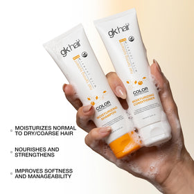 GK HAIR lifestyle scene of someone using the duo as part of haircare routine