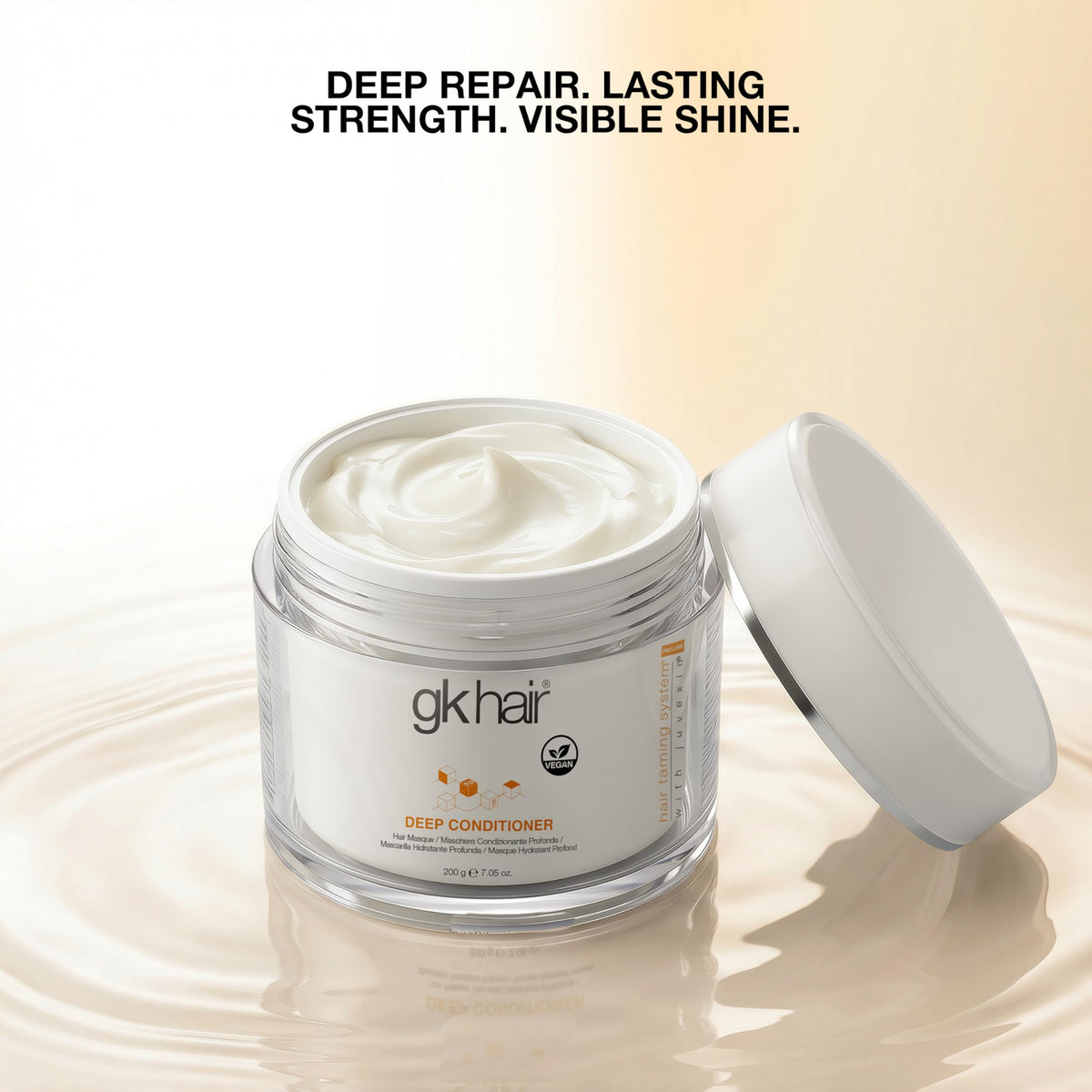 GK HAIR masque on bathroom shelf suggesting at-home professional treatment