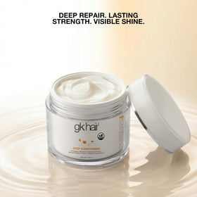 GK HAIR masque on bathroom shelf suggesting at-home professional treatment