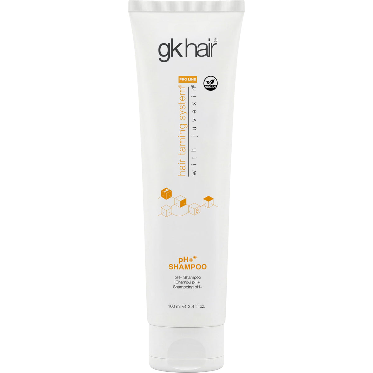 GK HAIR front bottle view showing compact clarifying shampoo for easy travel