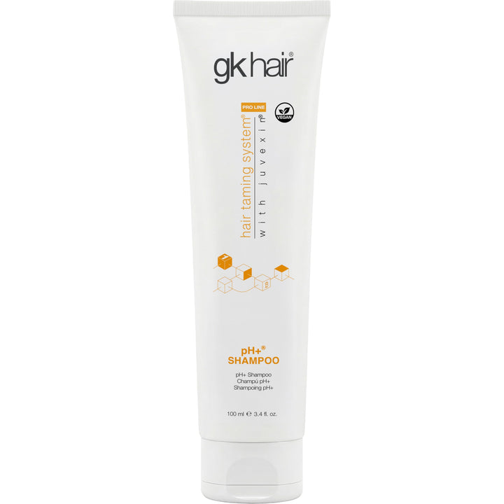 GK HAIR front bottle view showing compact clarifying shampoo for easy travel