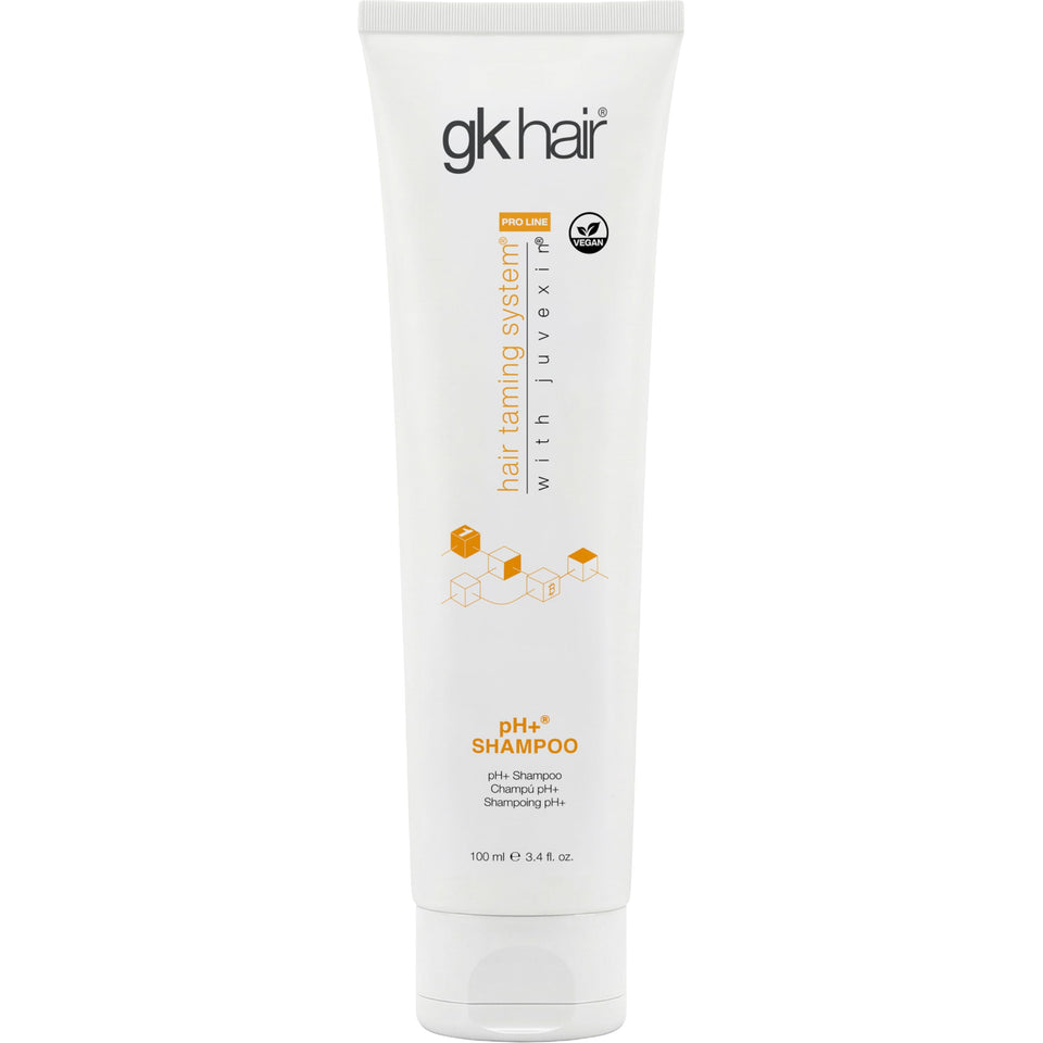 GK HAIR front bottle view showing compact clarifying shampoo for easy travel