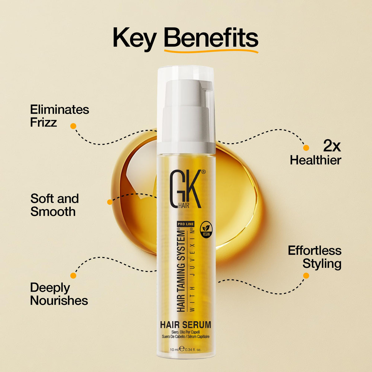 GK HAIR serum in palm demonstrating easy spreadability and minimal residue