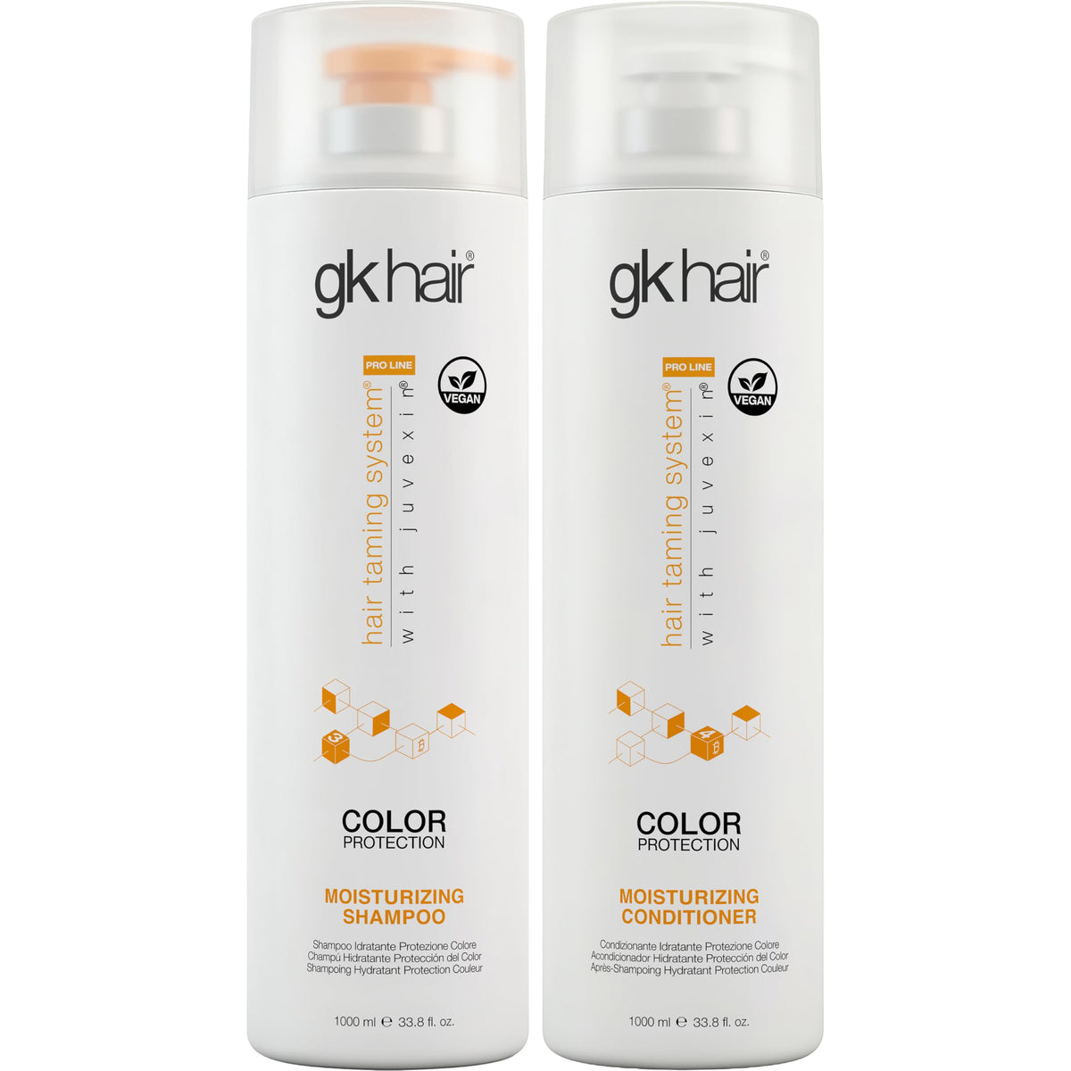 GK HAIR front packaging showing large 33.8 oz bottles and product benefits