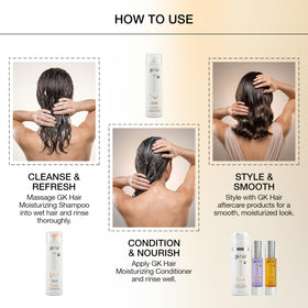 GK HAIR shampoo bottle close-up label highlighting sulfate free benefit