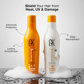 GK HAIR bottles beside ruler for size and scale, convenient travel-friendly