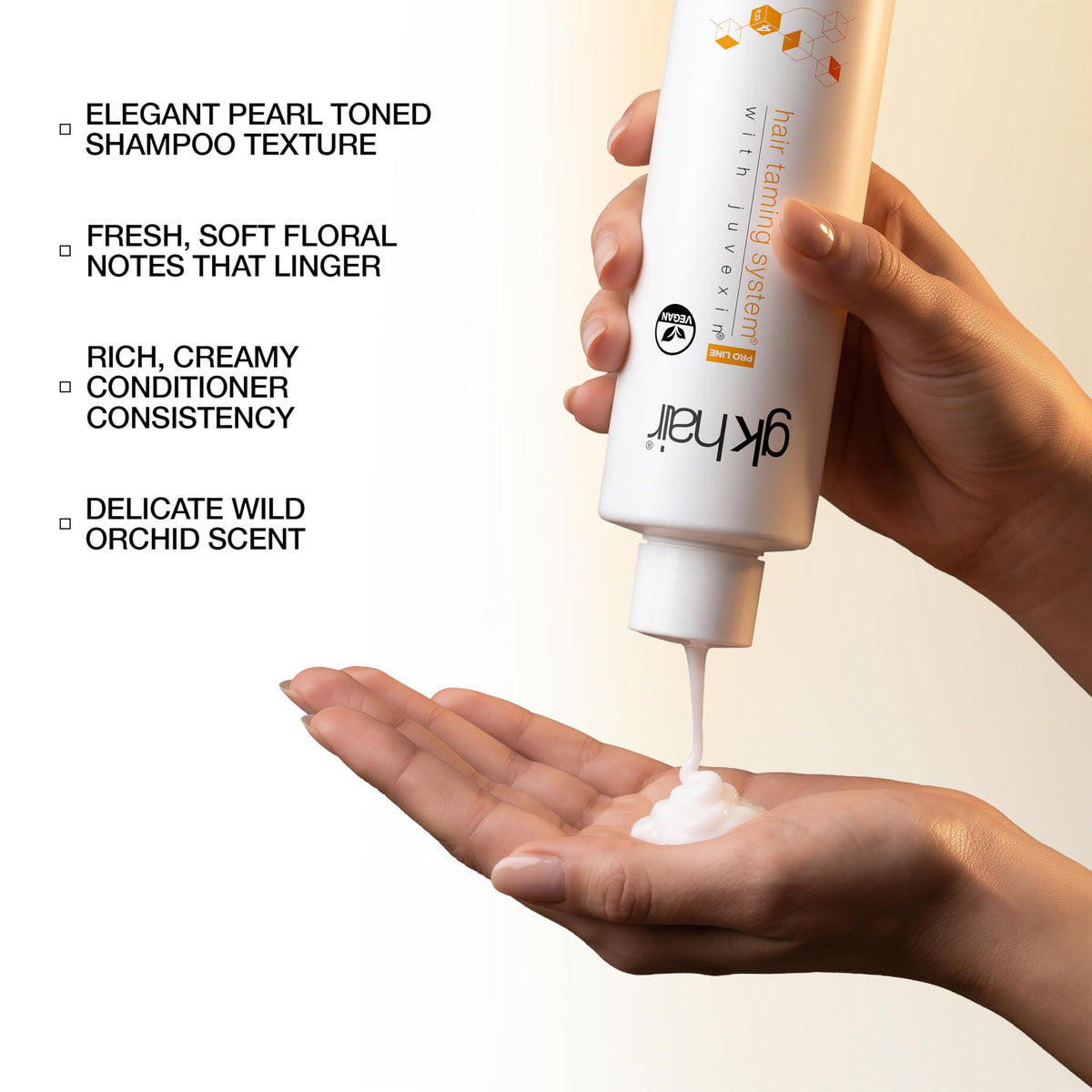 GK HAIR bottle beside hand showing 10.1 oz size for value
