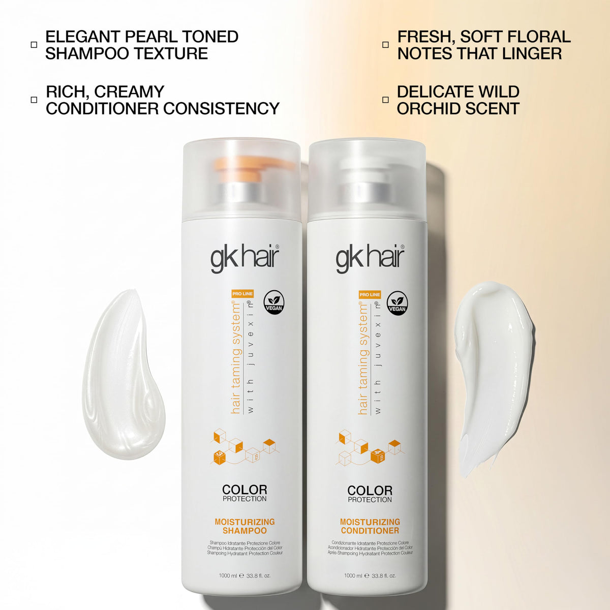 GK HAIR bottles next to a hand for scale showing value size benefit