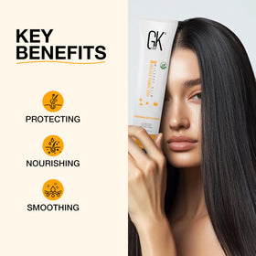 GK HAIR on styling station with blow dryer and iron showing heat protection use