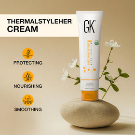 GK HAIR 3.4 oz tube beside travel items demonstrating portable size benefit