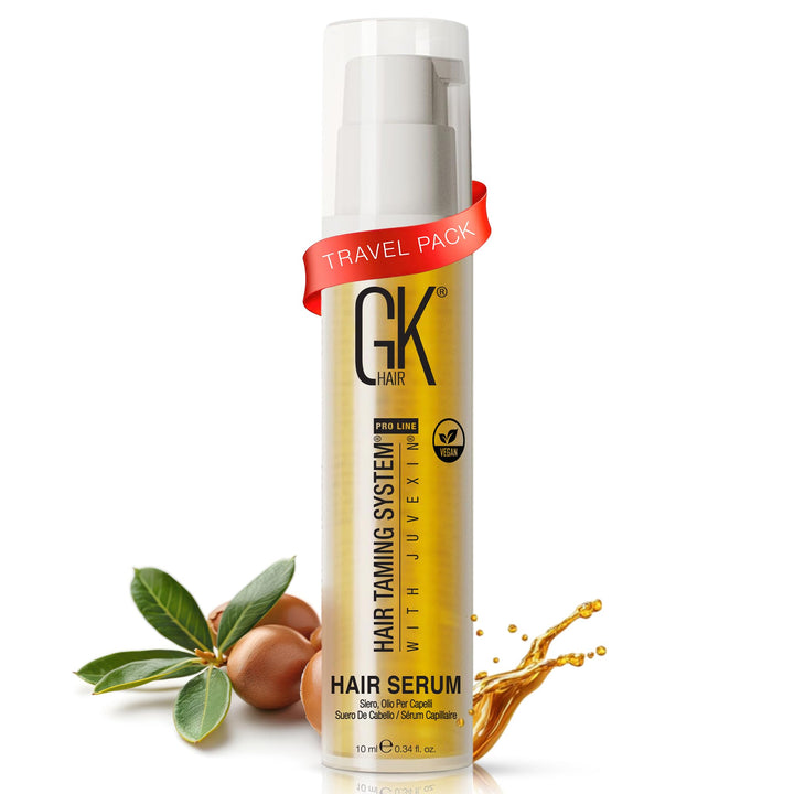 GK HAIR travel bottle front view showing compact oil for easy portability and shine