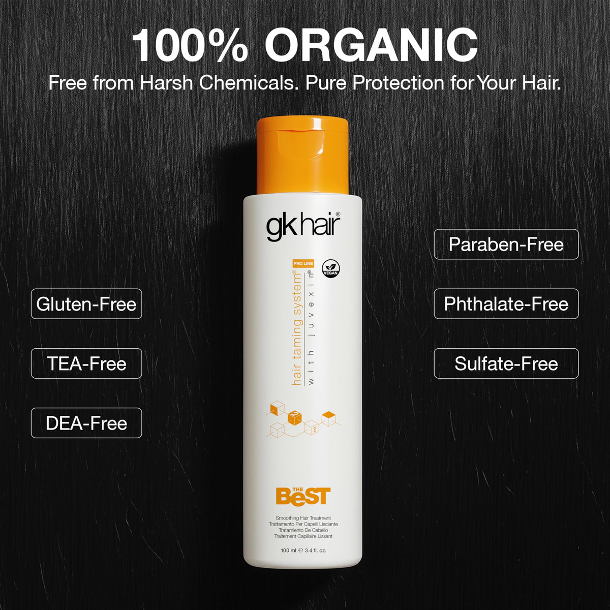 GK HAIR bottle label detail highlighting keratin complex and ingredient clarity