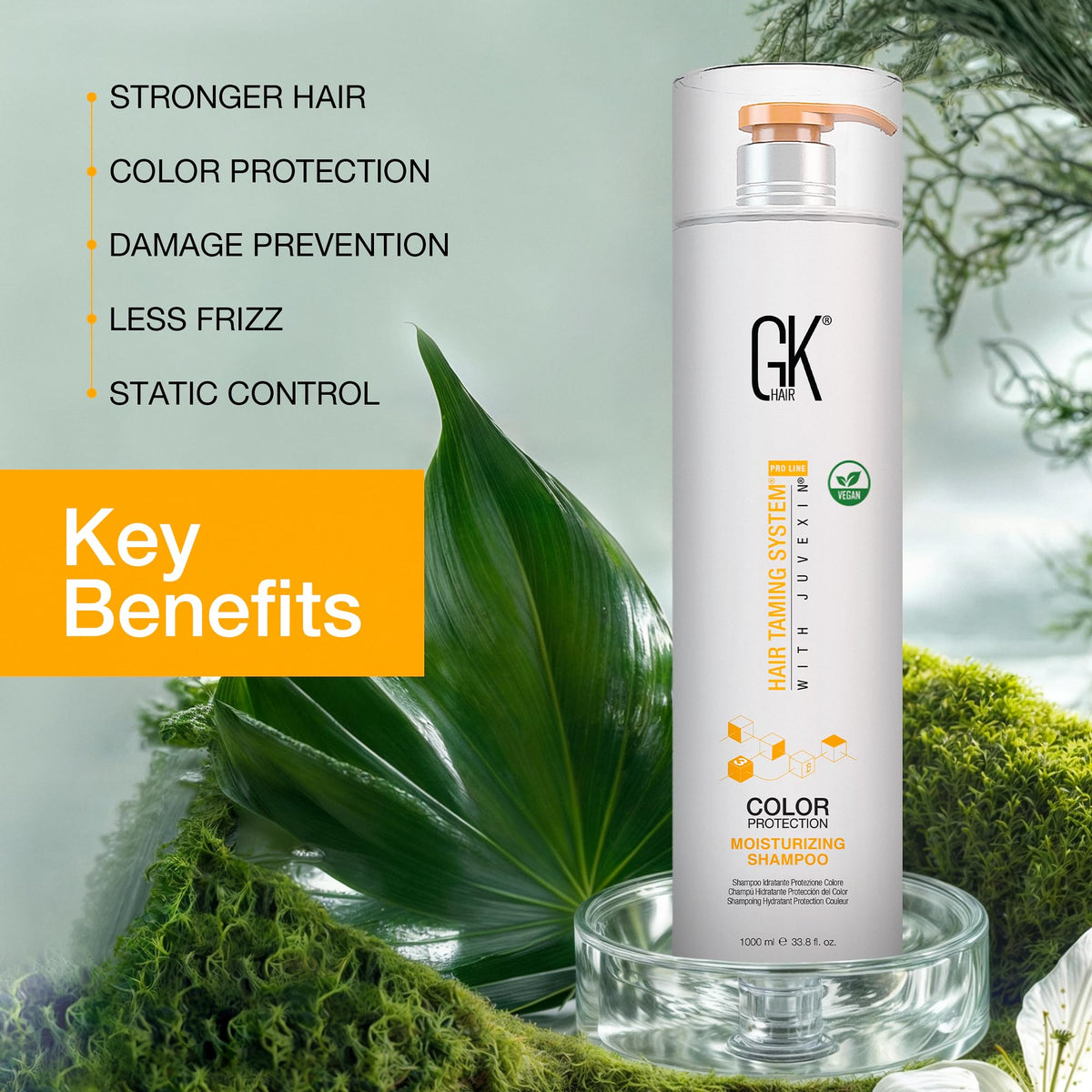 GK HAIR product label close-up showing ingredient highlights and benefits