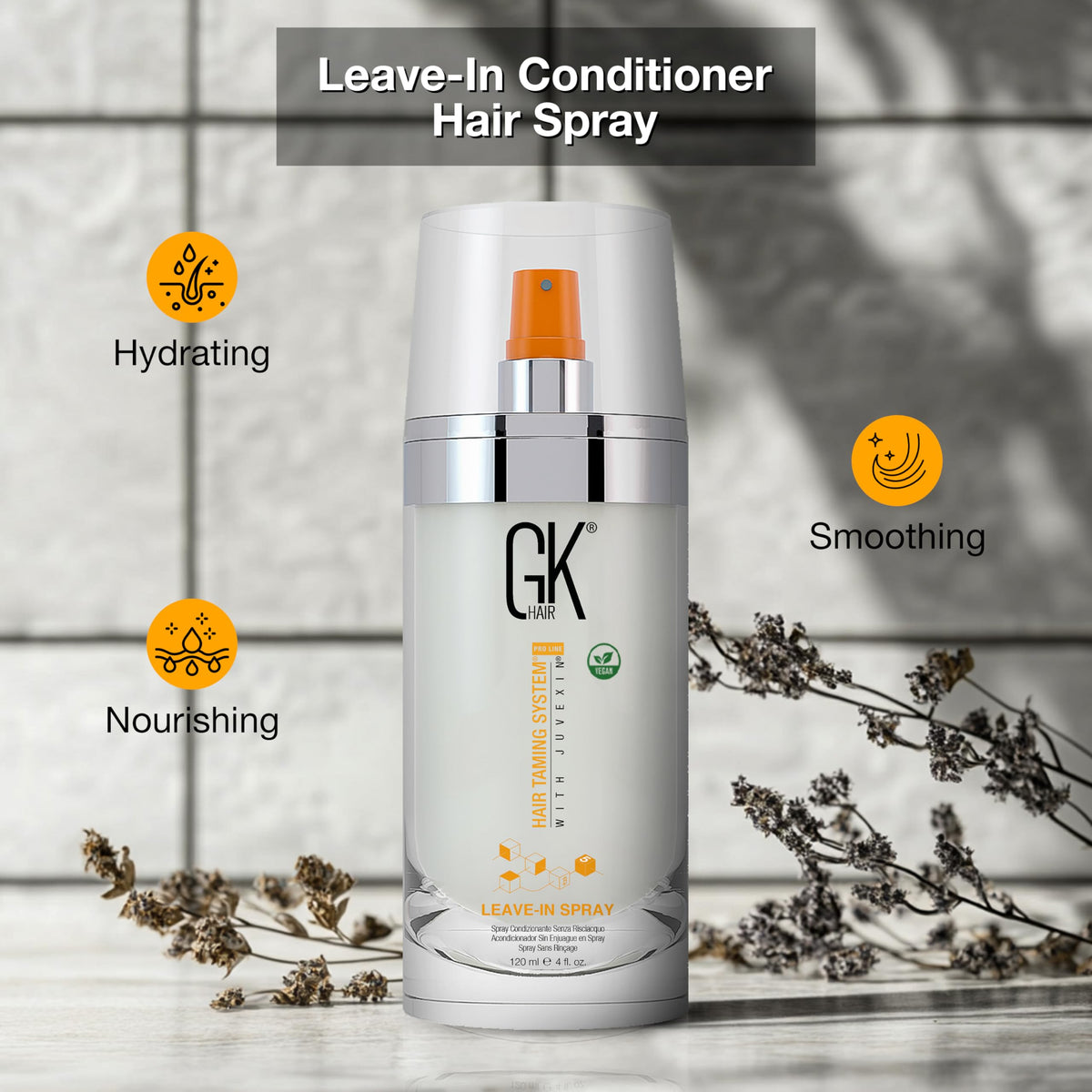 GK HAIR 120ml bottle beside common item to show compact travel-friendly size