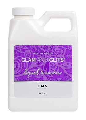 Glam and Glits front bottle view showing professional 16 oz monomer and branding benefits
