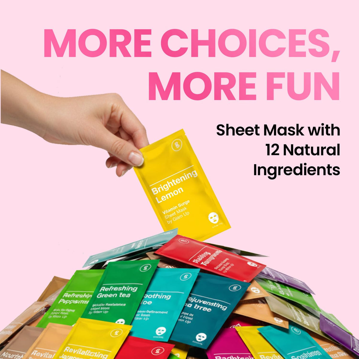 GLAM UP assortment of different masks laid flat showing variety benefit