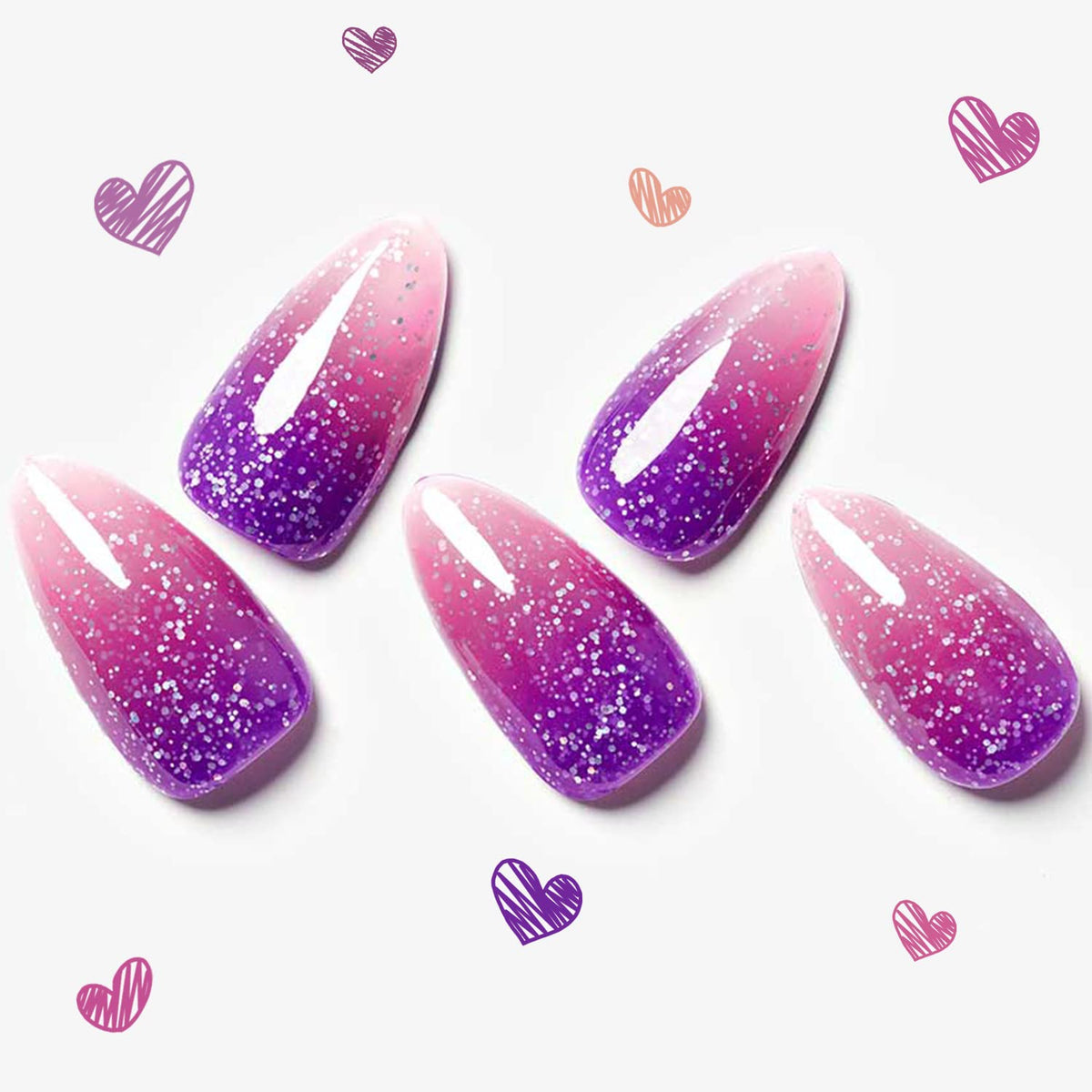 GLAMERMAID front packaging showing thermo purple-pink press-on set and clear benefits