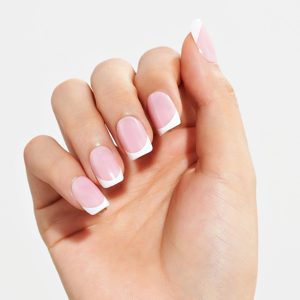 GLAMERMAID nails worn on hand demonstrating neat short square fit and polish-free shine