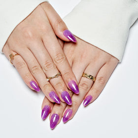 GLAMERMAID nails worn on model hand showing medium almond shape and style