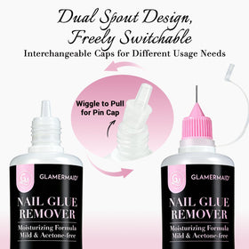 GLAMERMAID orangewood sticks beside bottle ready for gentle adhesive lifting