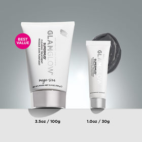 Glamglow SUPERMUD jar with label and scale showing 3.5 oz for at-home treatments