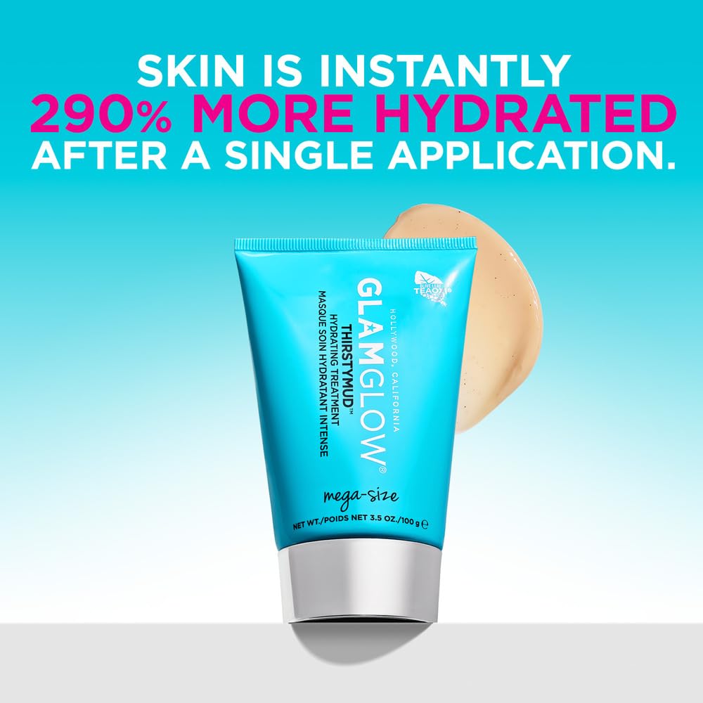 Glamglow mask applied to cheek showing calming coverage and quick cooling benefit