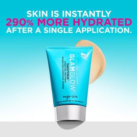 Glamglow mask applied to cheek showing calming coverage and quick cooling benefit