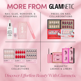 Glamnetic kit contents with glue, file, cuticle stick and alcohol pad for easy application
