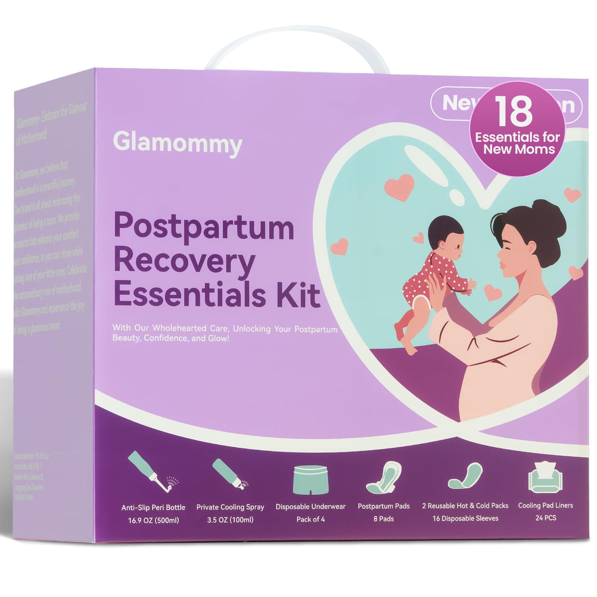 Glamommy front kit packaging showing full postpartum set and convenience