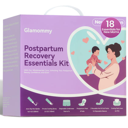 Glamommy front kit packaging showing full postpartum set and convenience