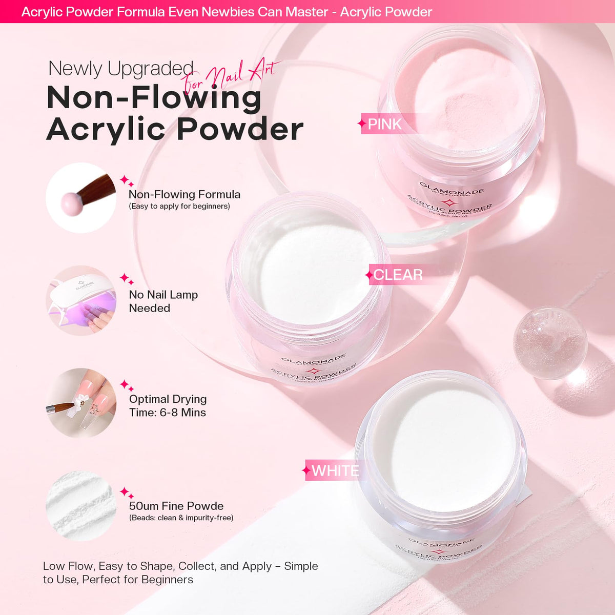 Glamonade acrylic powder jars with non-flowing texture for neat beads
