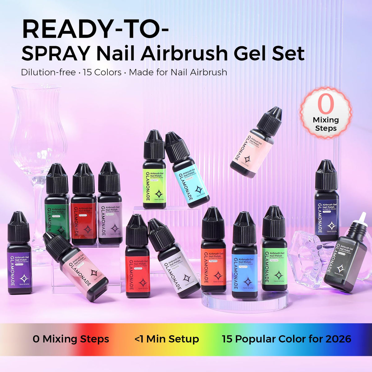 Glamonade color array flat-lay of 15 shades for variety and practice