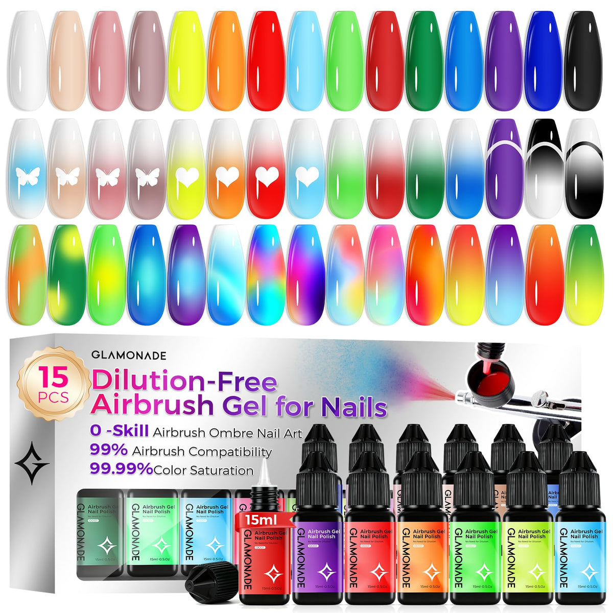 Glamonade front packaging showing 15 ready-to-use gel bottles and benefits