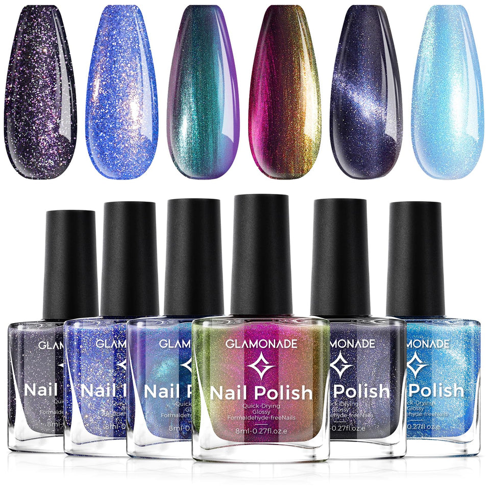 Glamonade front packaging showing six holographic shades and kit contents for versatile looks