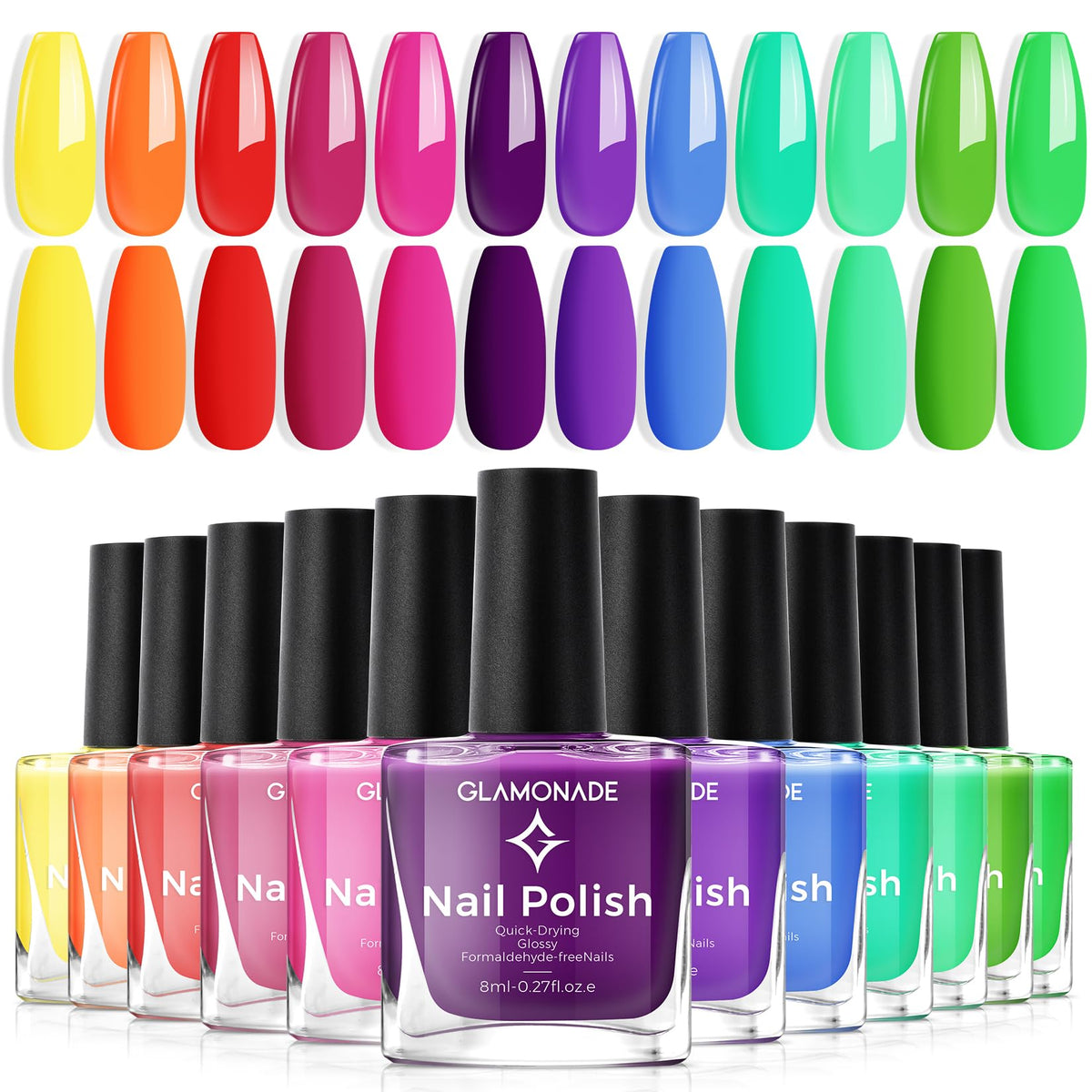 Glamonade front packaging showing 12 neon polish bottles and box for gifting