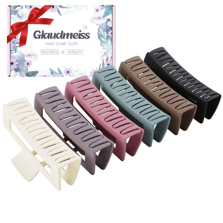 Glaudmeiss front view of six extra large claw clips showing colors and size benefit