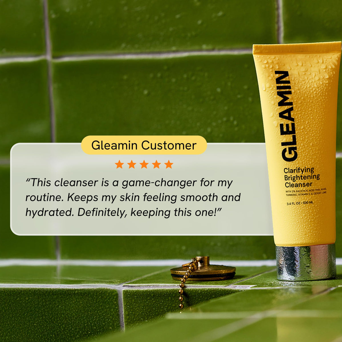 Gleamin dermatologist-tested and cruelty-free badges showing trusted formulation