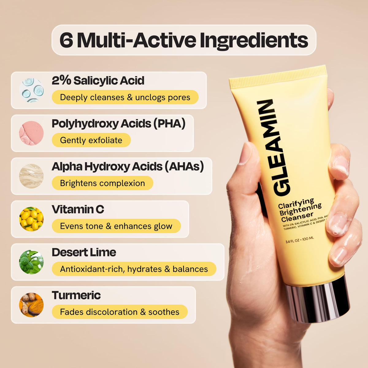 Gleamin ingredient flatlay with vitamin C and desert lime for brightening