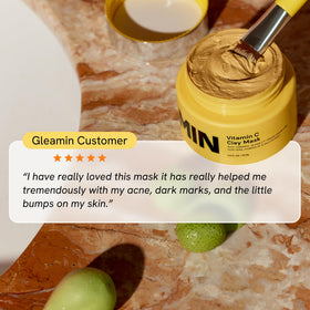 Gleamin jar on bathroom shelf in routine showing daily glow benefit