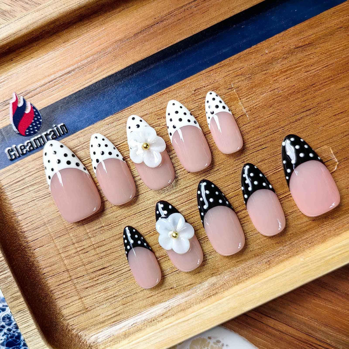 Gleamrain front packaging showing 10-piece almond press-on nails and branding benefit