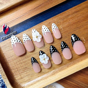 Gleamrain front packaging showing 10-piece almond press-on nails and branding benefit